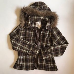 ONEILL BROWN PLAID JACKET COAT W DETACHABLE HOODIE